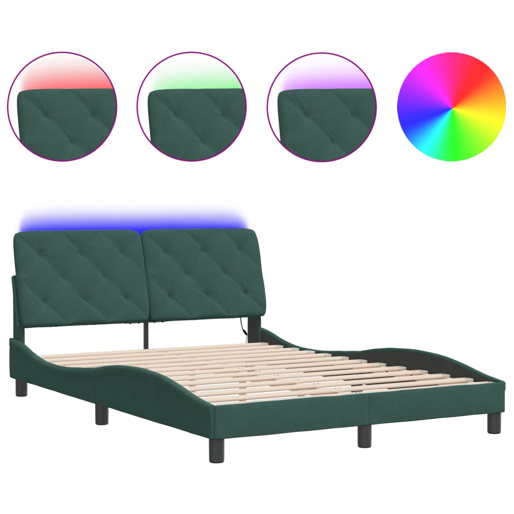 vidaXL Rám postele s LED osvětlením tmavě zelený 140 x 190 cm samet
