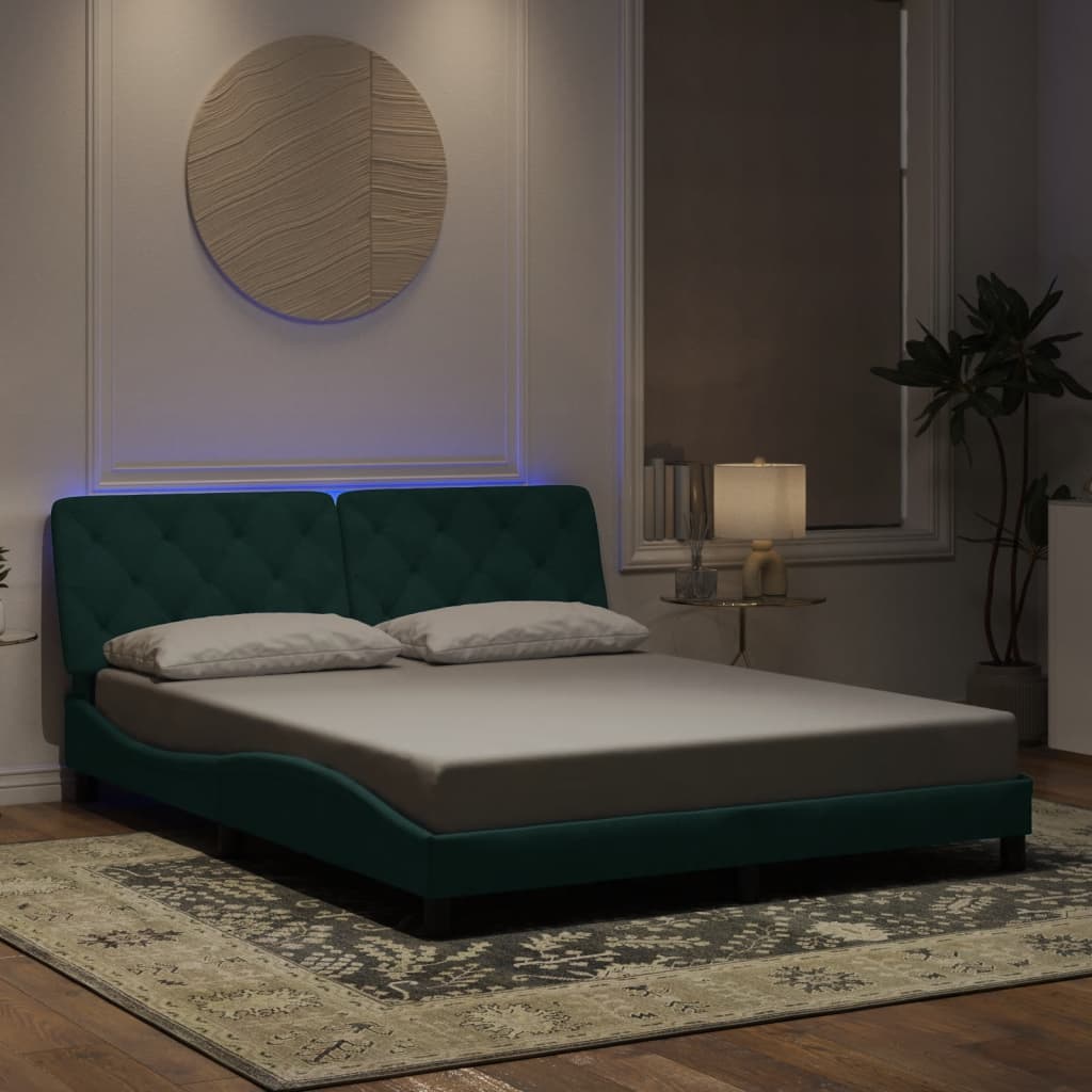 vidaXL Cadru de pat cu lumini LED, verde închis, 160x200 cm, catifea