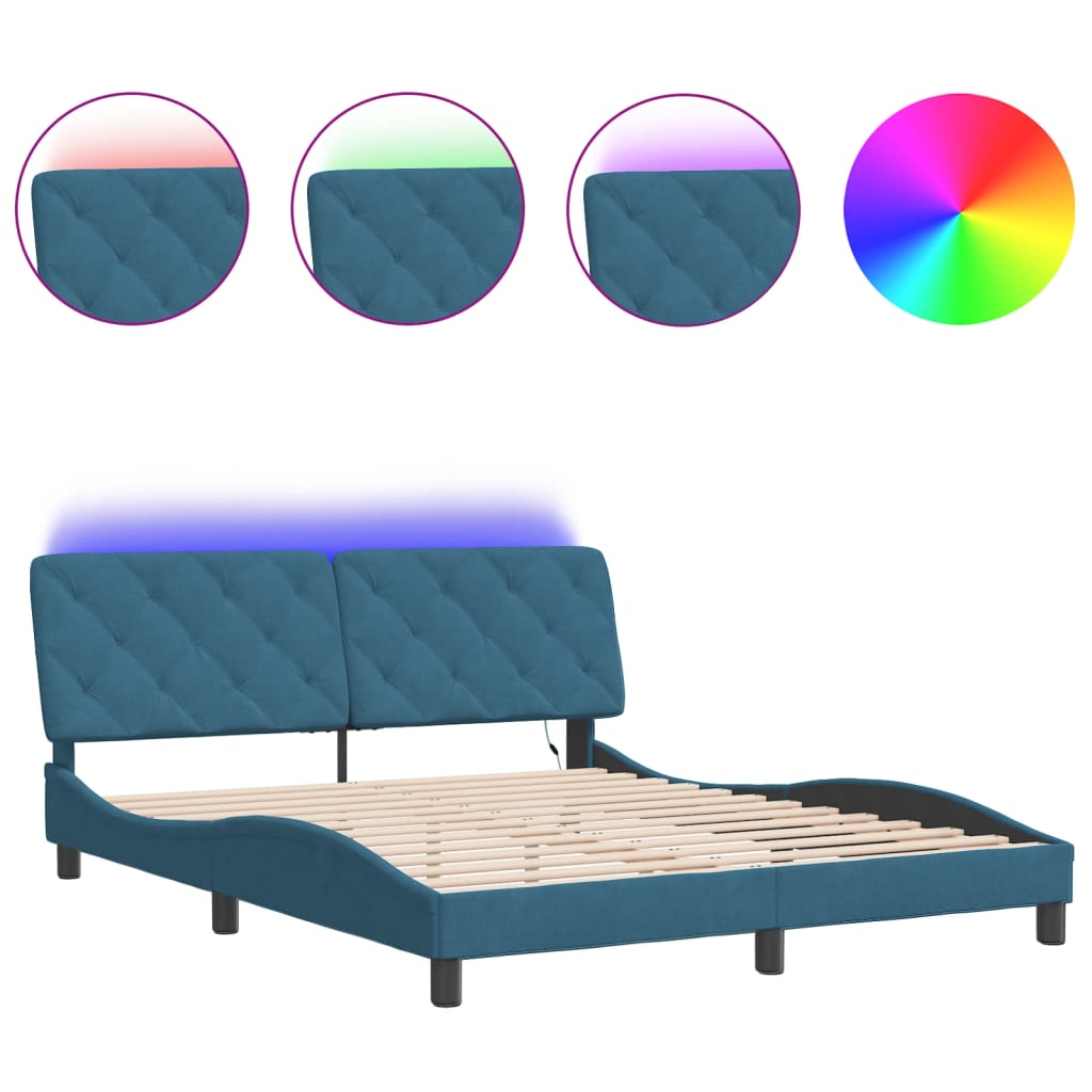 vidaXL Rám postele s LED osvětlením modrý 160 x 200 cm samet