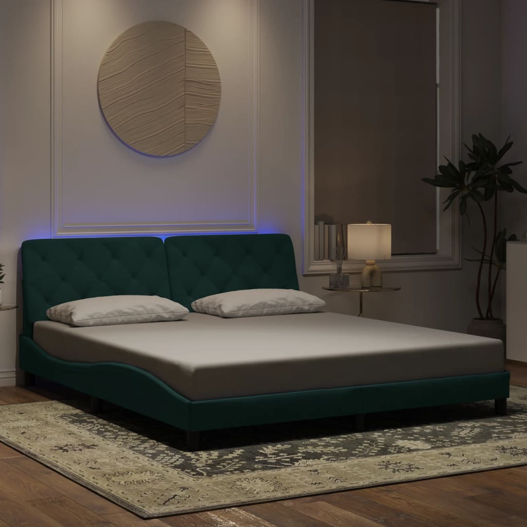 vidaXL Cadru de pat cu lumini LED, verde închis, 180x200 cm, catifea