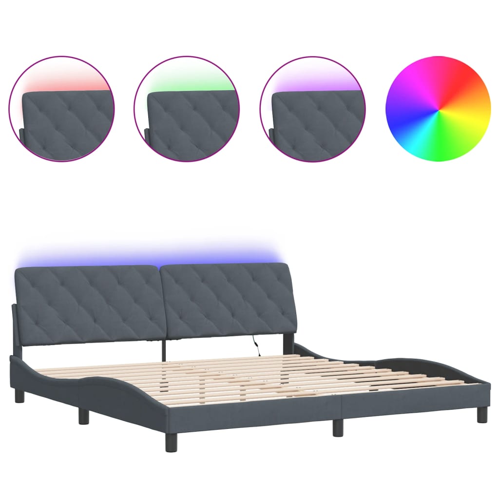 vidaXL Rám postele s LED osvětlením tmavě šedý 200 x 200 cm samet