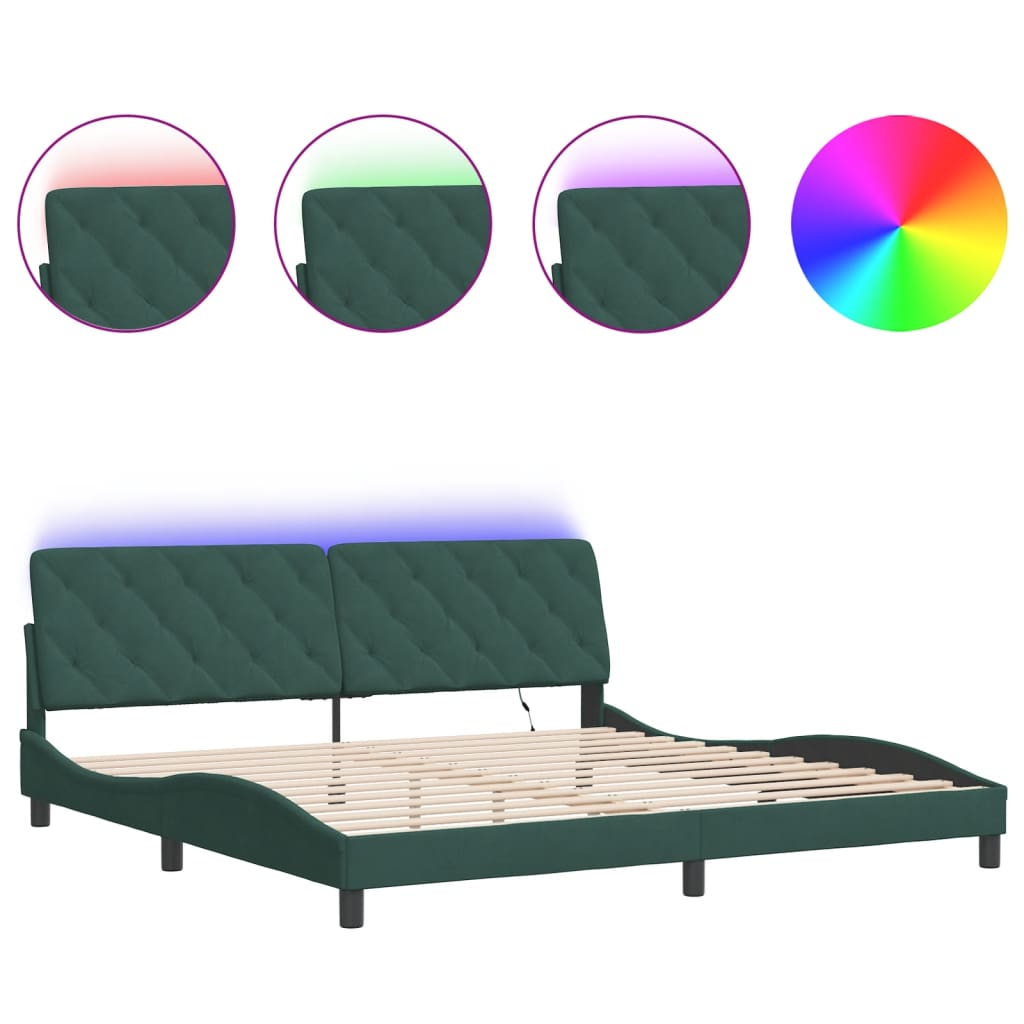 vidaXL Rám postele s LED osvětlením tmavě zelený 200 x 200 cm samet