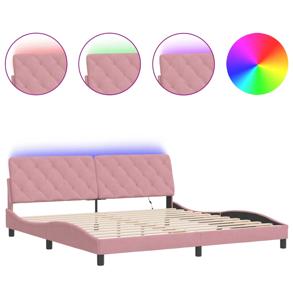 vidaXL Rám postele s LED osvětlením růžový 200 x 200 cm samet