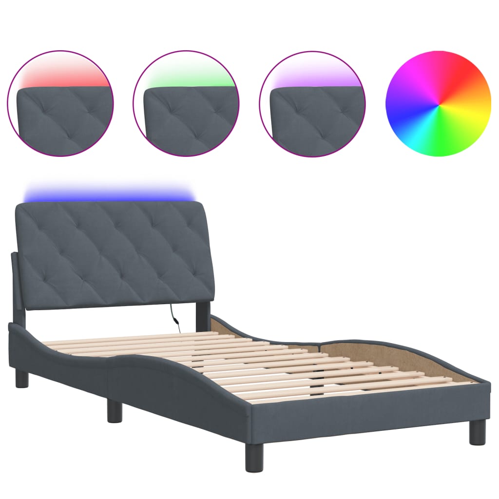 VidaXL Bed Frame With LED Without Mattress Dark Grey 100x190 Cm Velvet