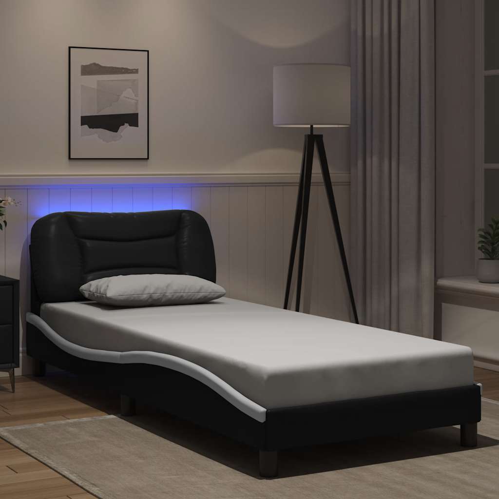 vidaXL Cadru de pat cu lumini LED negru/alb 80x200 cm piele ecologică