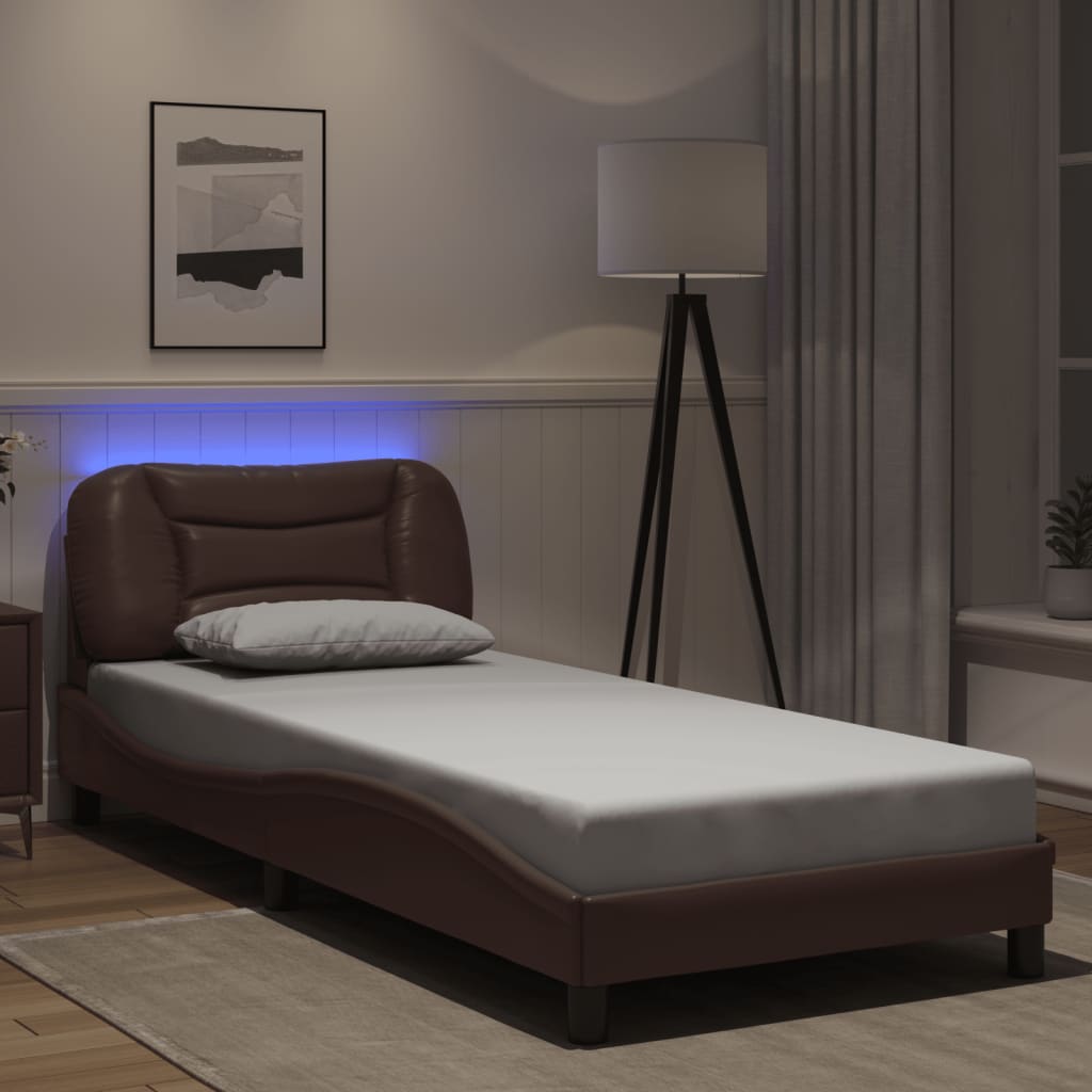 vidaXL Cadru de pat cu lumini LED, maro, 90x190 cm, piele ecologică