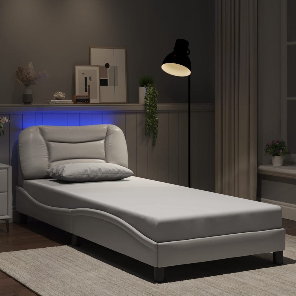 vidaXL Estrutura de cama c/ luzes LED 90x200cm couro artificial branco