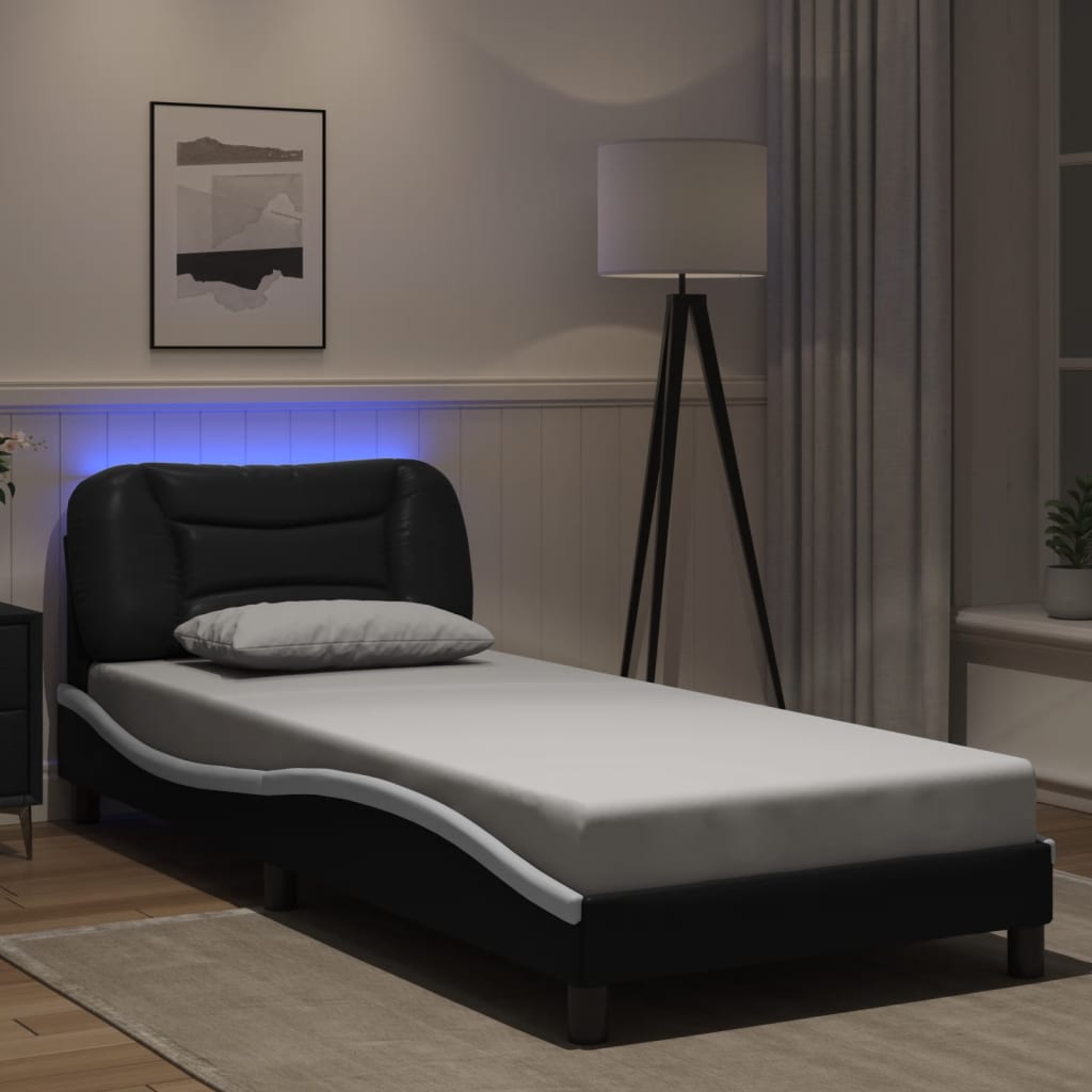 vidaXL Cadru de pat cu lumini LED negru/alb 90x200 cm piele ecologică