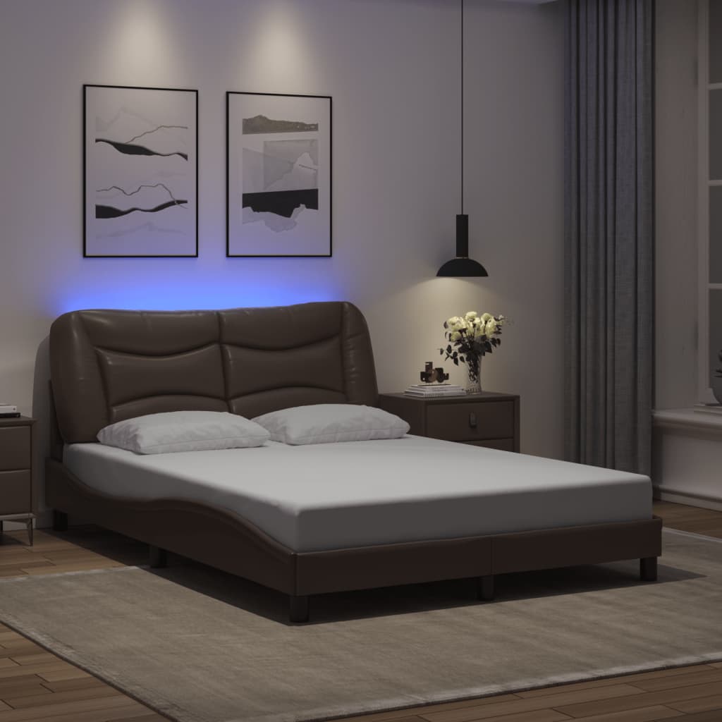 vidaXL Cadru de pat cu lumini LED, maro, 120x200 cm, piele ecologică