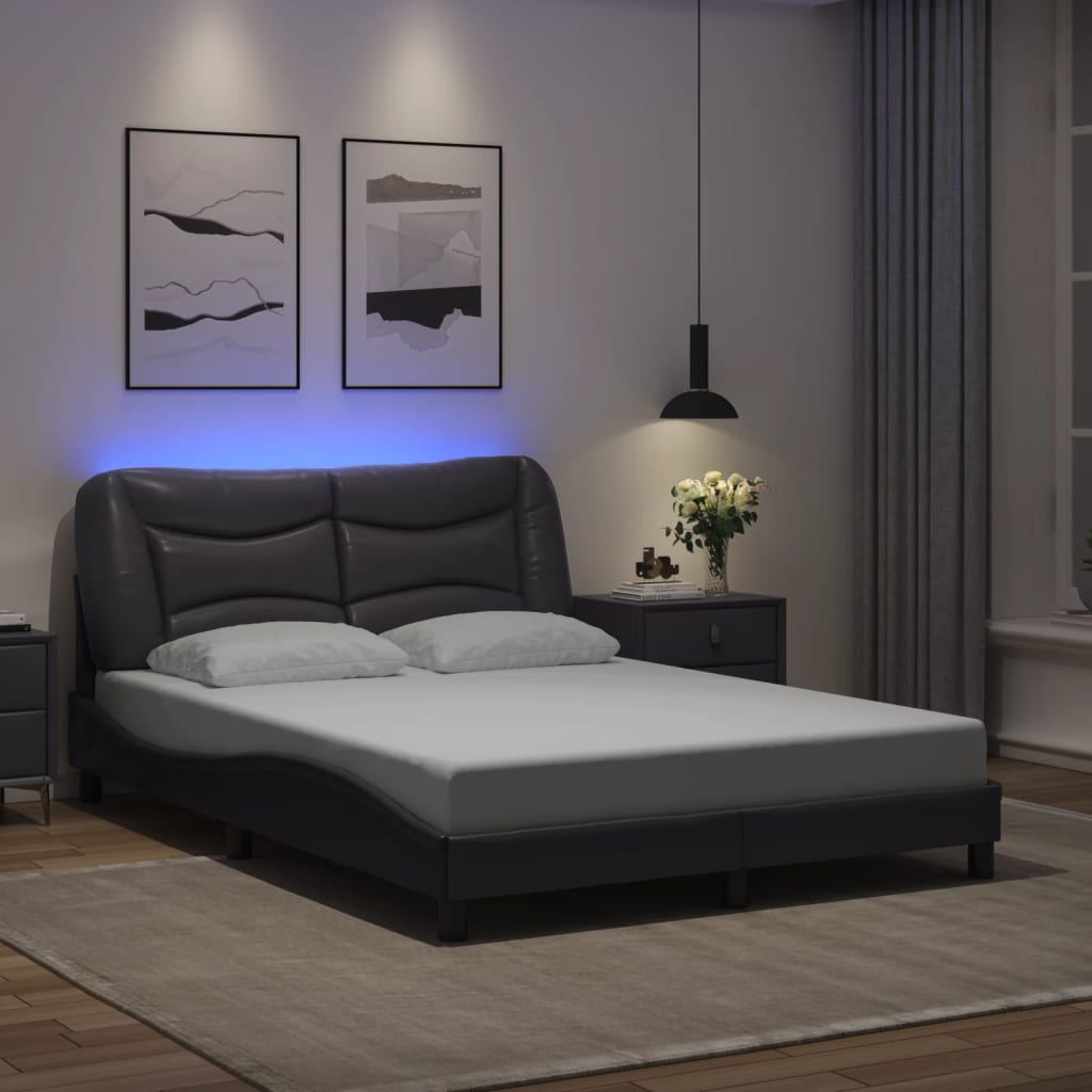 vidaXL Cadru de pat cu lumini LED, gri, 140x190 cm, piele ecologică