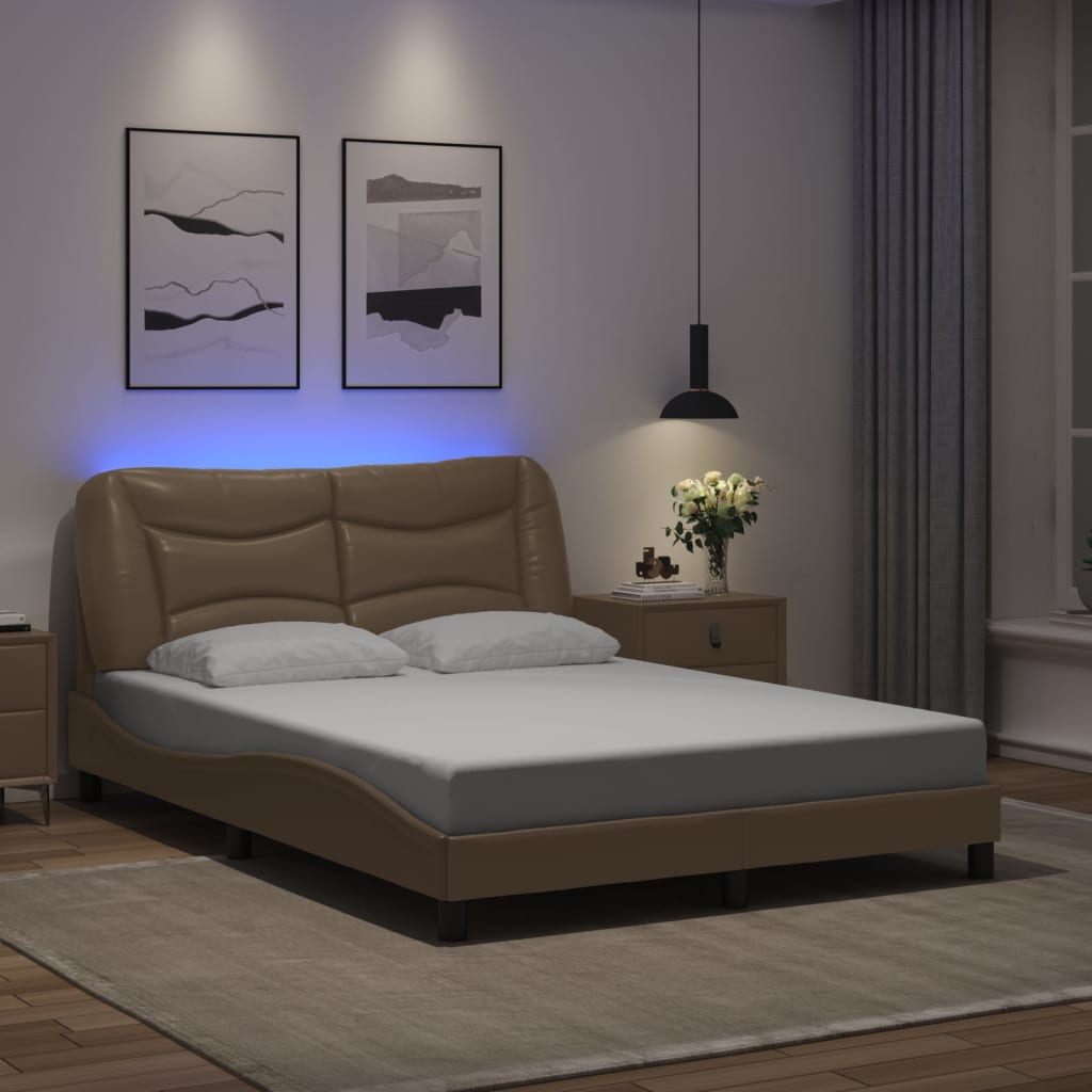 vidaXL Cadru de pat lumini LED, cappuccino, 140x190 cm piele ecologică