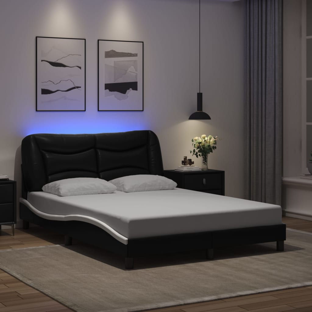 vidaXL Cadru de pat cu lumini LED negru/alb 140x190 cm piele ecologică