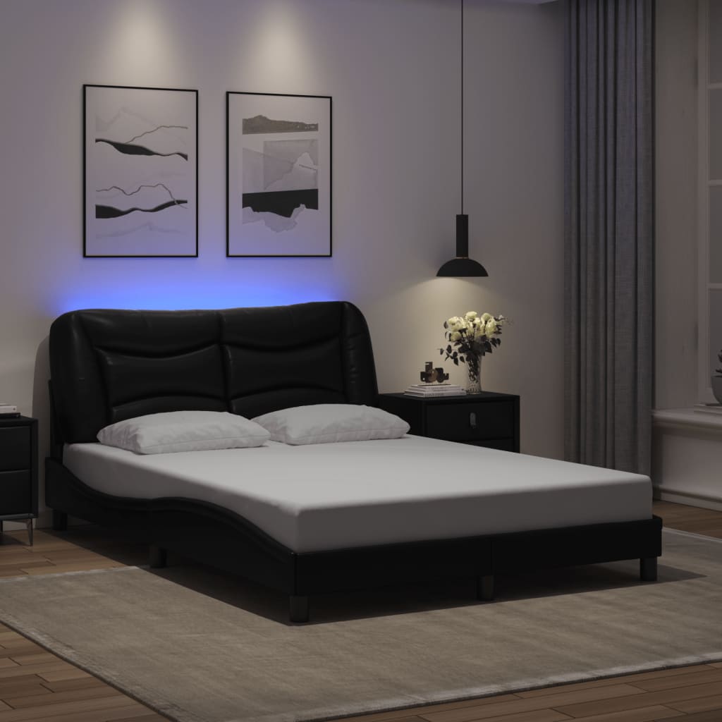 vidaXL Cadru de pat cu lumini LED, negru, 140x200 cm, piele ecologică