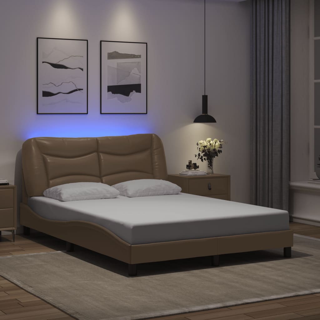 vidaXL Cadru de pat lumini LED, cappuccino, 140x200 cm piele ecologică