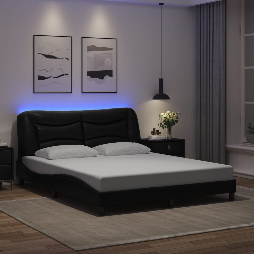 vidaXL Cadru de pat cu lumini LED, negru, 160x200 cm, piele ecologică