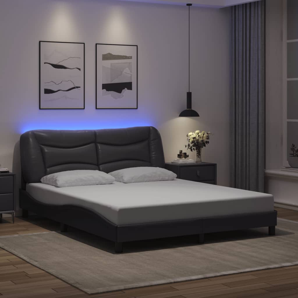 vidaXL Cadru de pat cu lumini LED, gri, 160x200 cm, piele ecologică