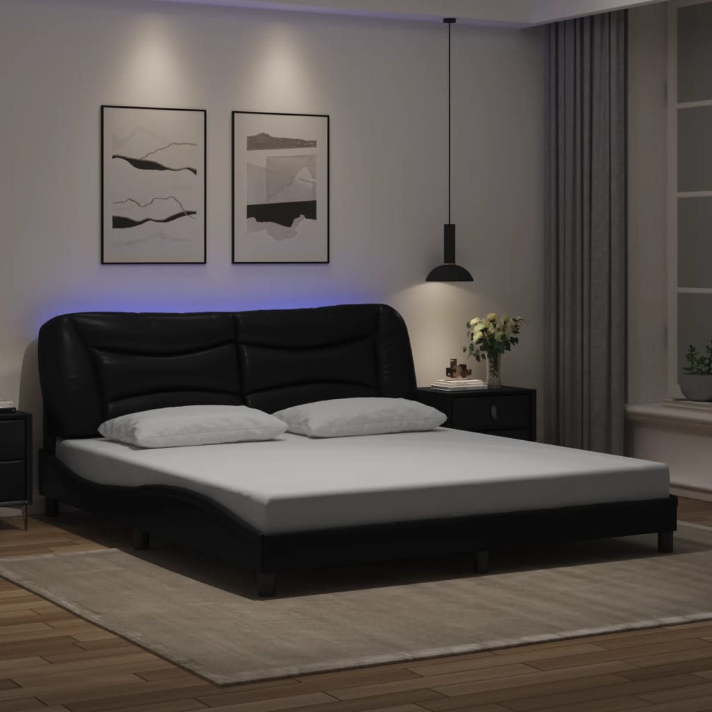 vidaXL Cadru de pat cu lumini LED, negru, 180x200 cm, piele ecologică