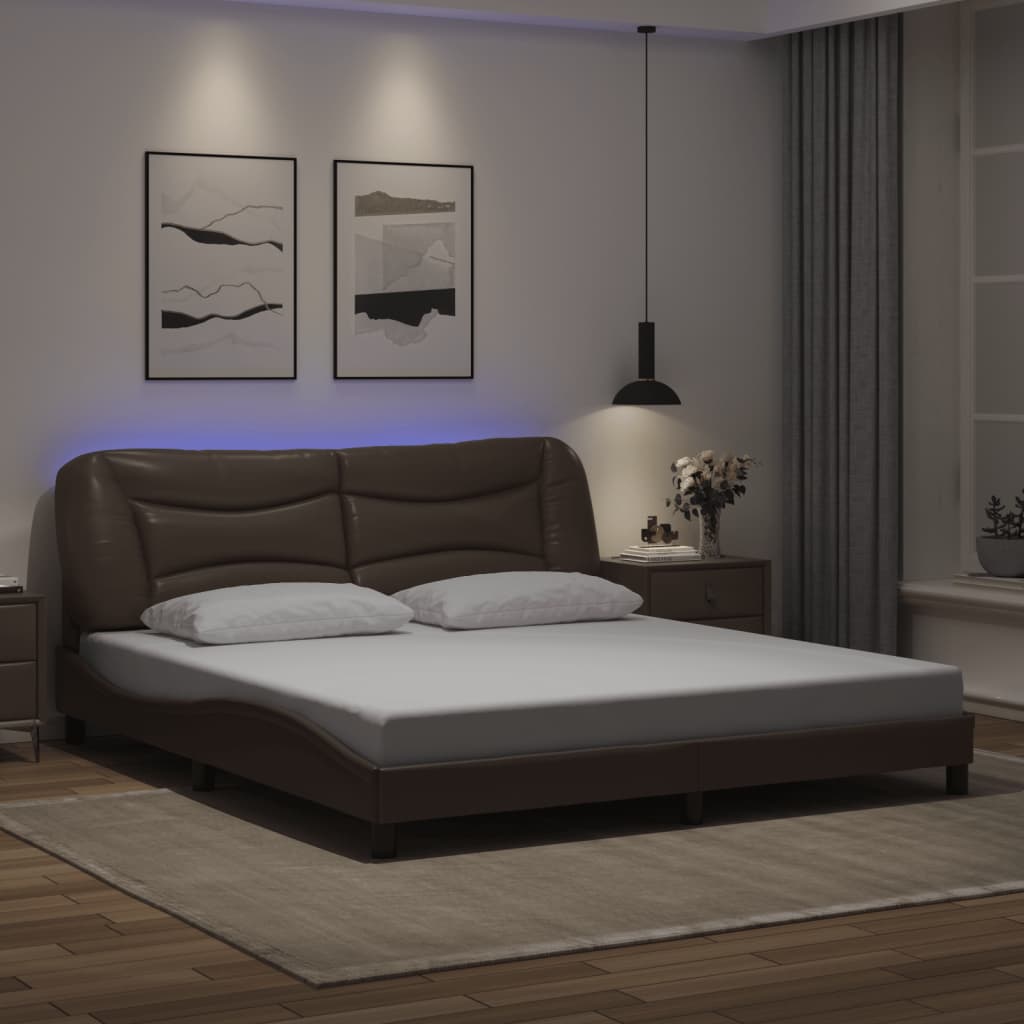 vidaXL Cadru de pat cu lumini LED, maro, 180x200 cm, piele ecologică