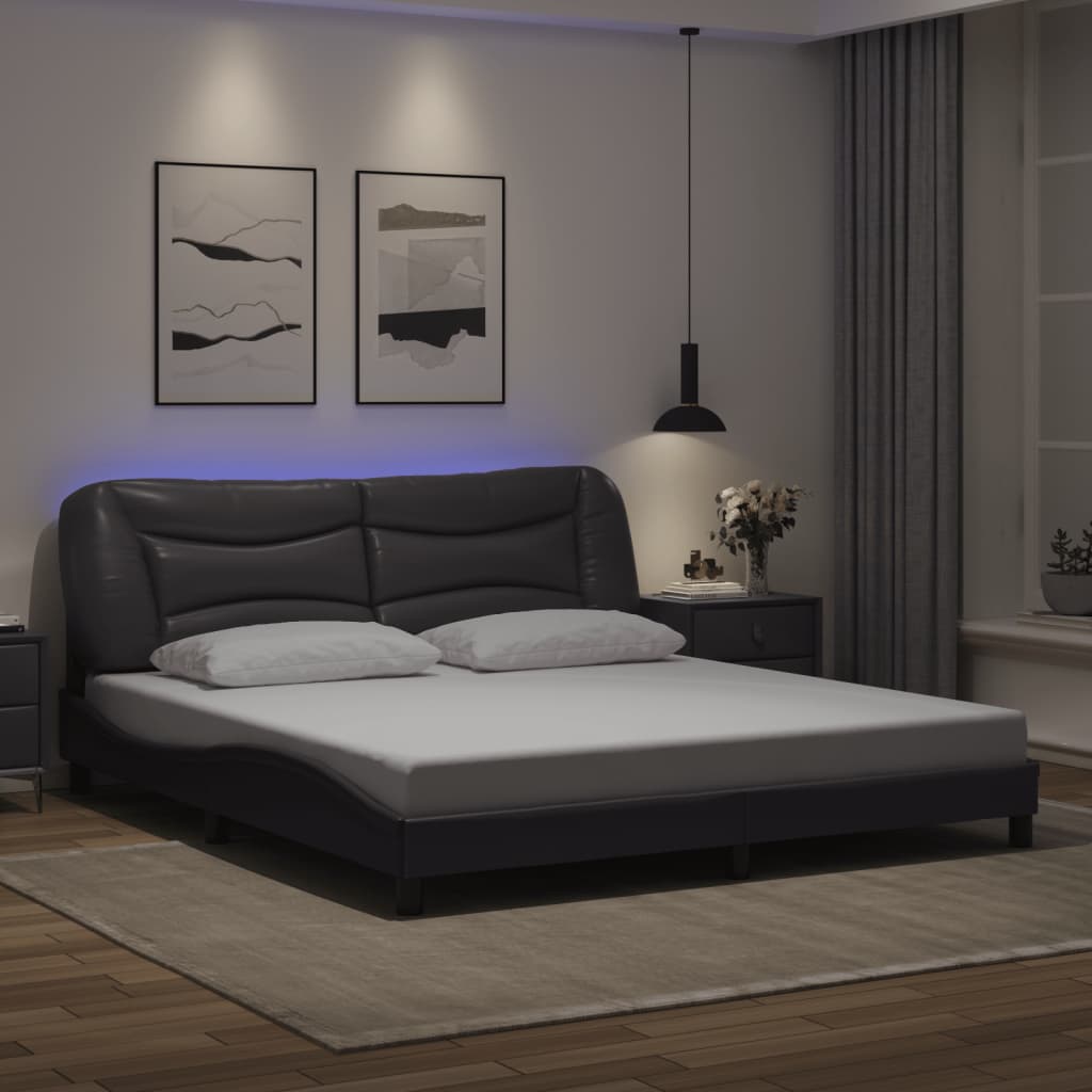 vidaXL Cadru de pat cu lumini LED, gri, 180x200 cm, piele ecologică