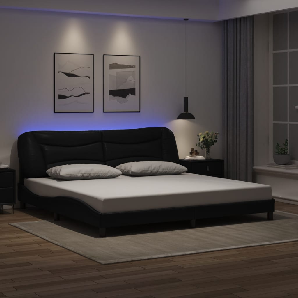 vidaXL Cadru de pat cu lumini LED, negru, 200x200 cm, piele ecologică