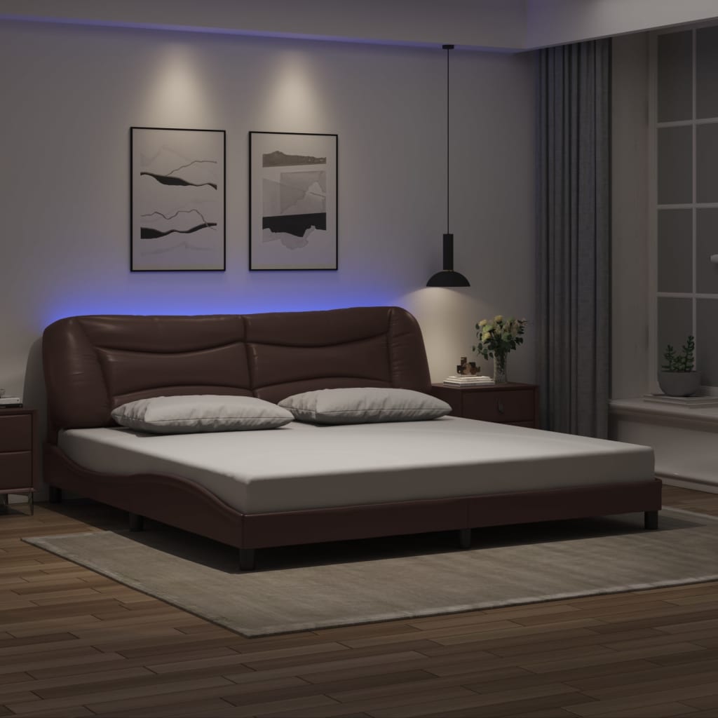 vidaXL Cadru de pat cu lumini LED, maro, 200x200 cm, piele ecologică