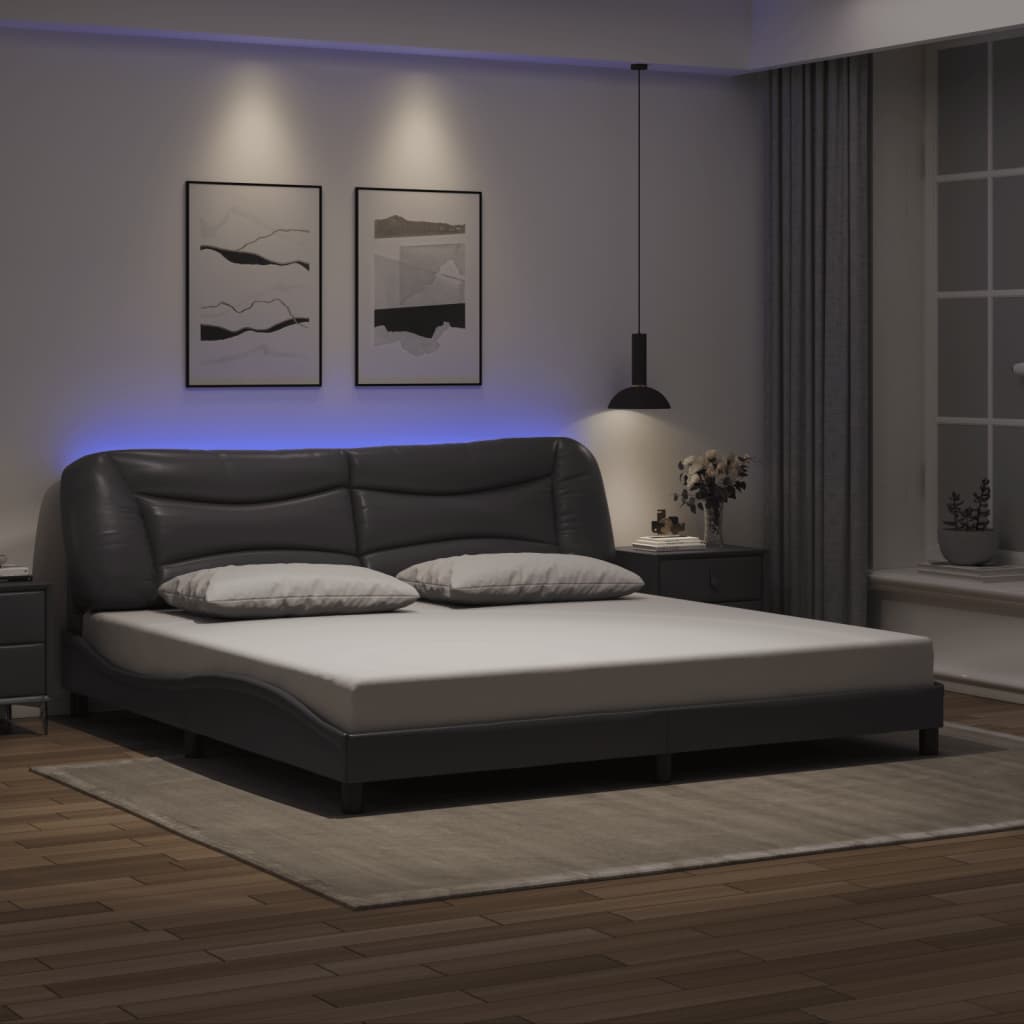 vidaXL Cadru de pat cu lumini LED, gri, 200x200 cm, piele ecologică