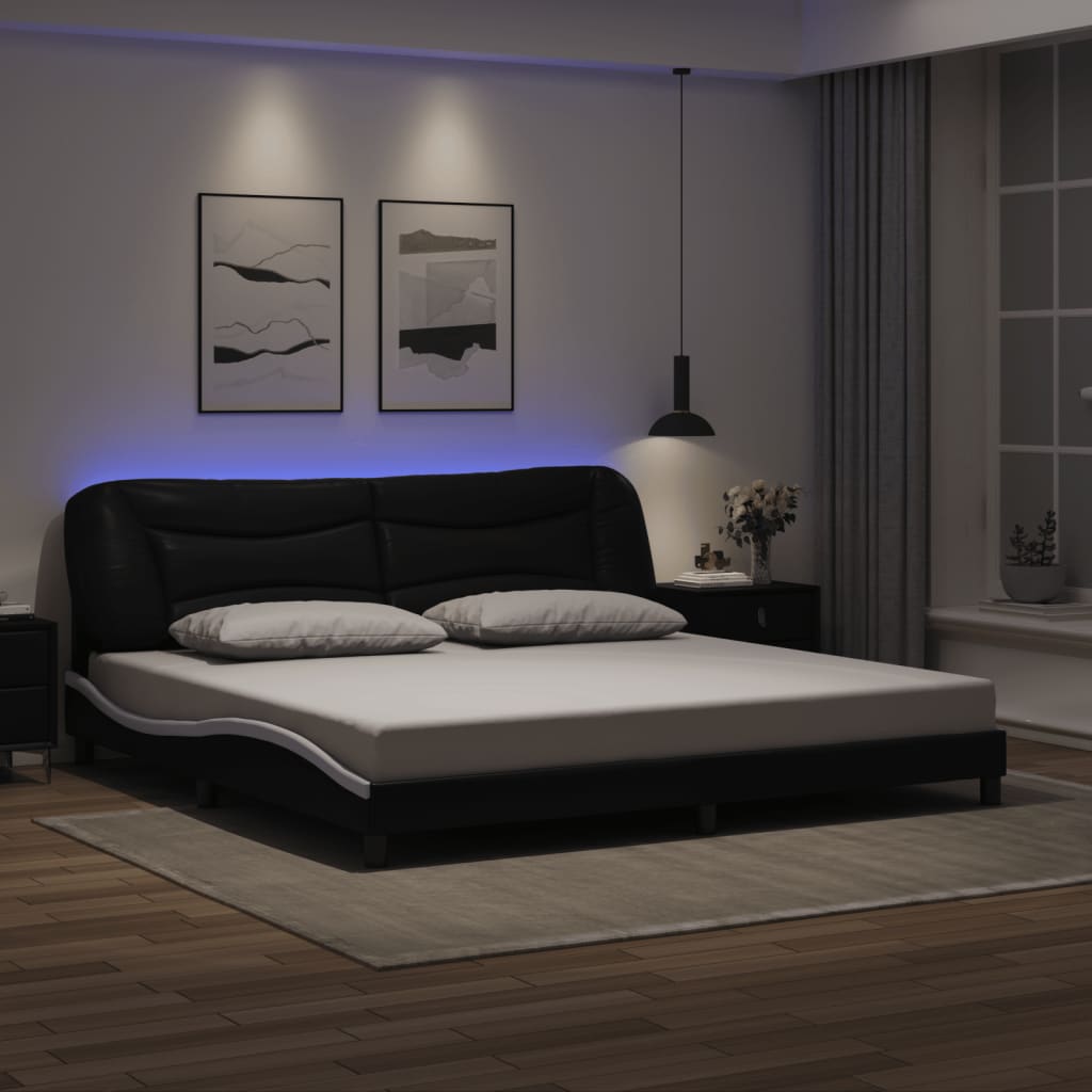 vidaXL Cadru de pat cu lumini LED negru/alb 200x200 cm piele ecologică