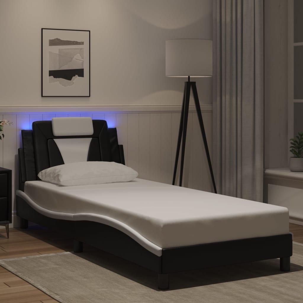 vidaXL Cadru de pat cu lumini LED negru/alb 90x190 cm piele ecologică