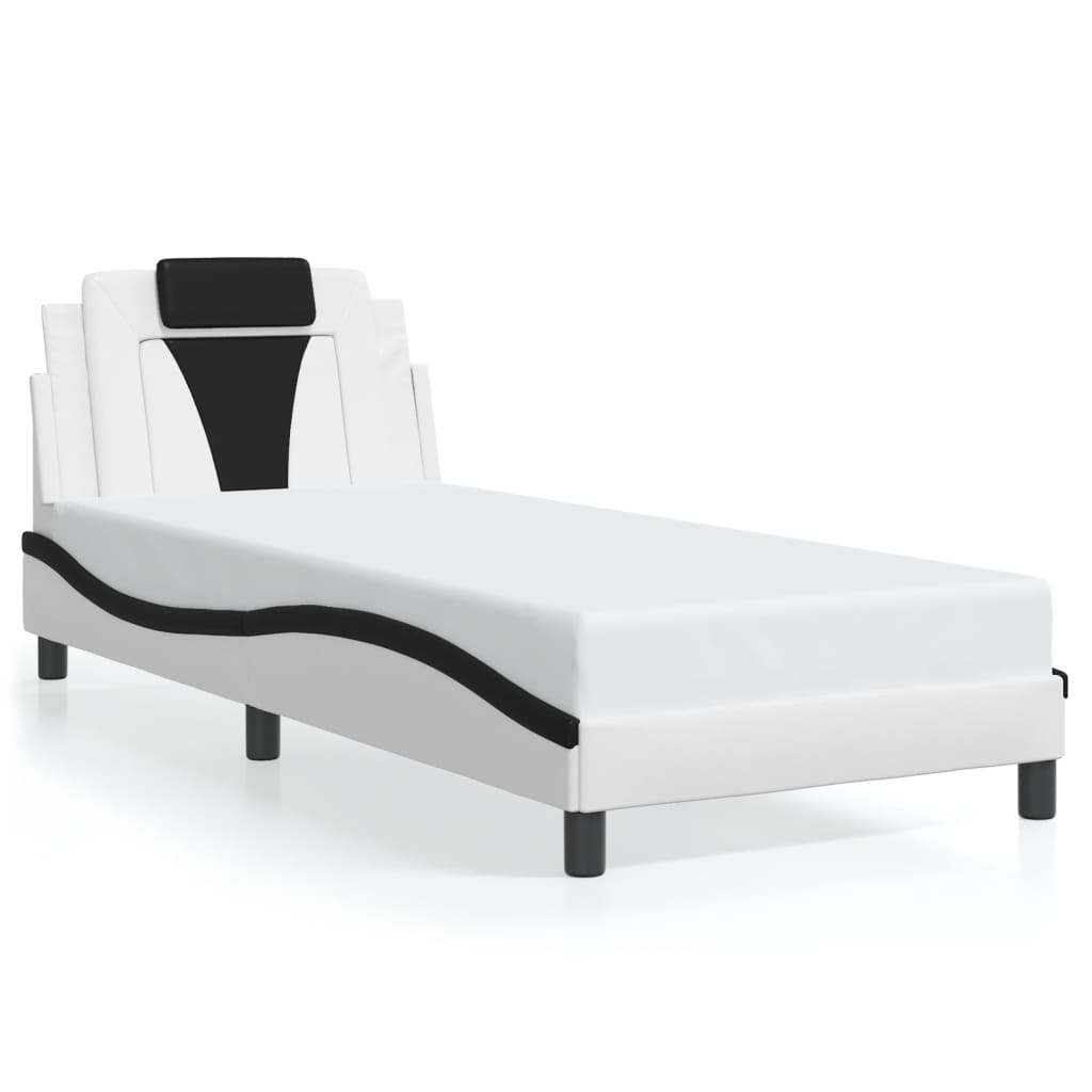 vidaXL Cadru de pat cu lumini LED alb/negru 90x190 cm piele ecologică