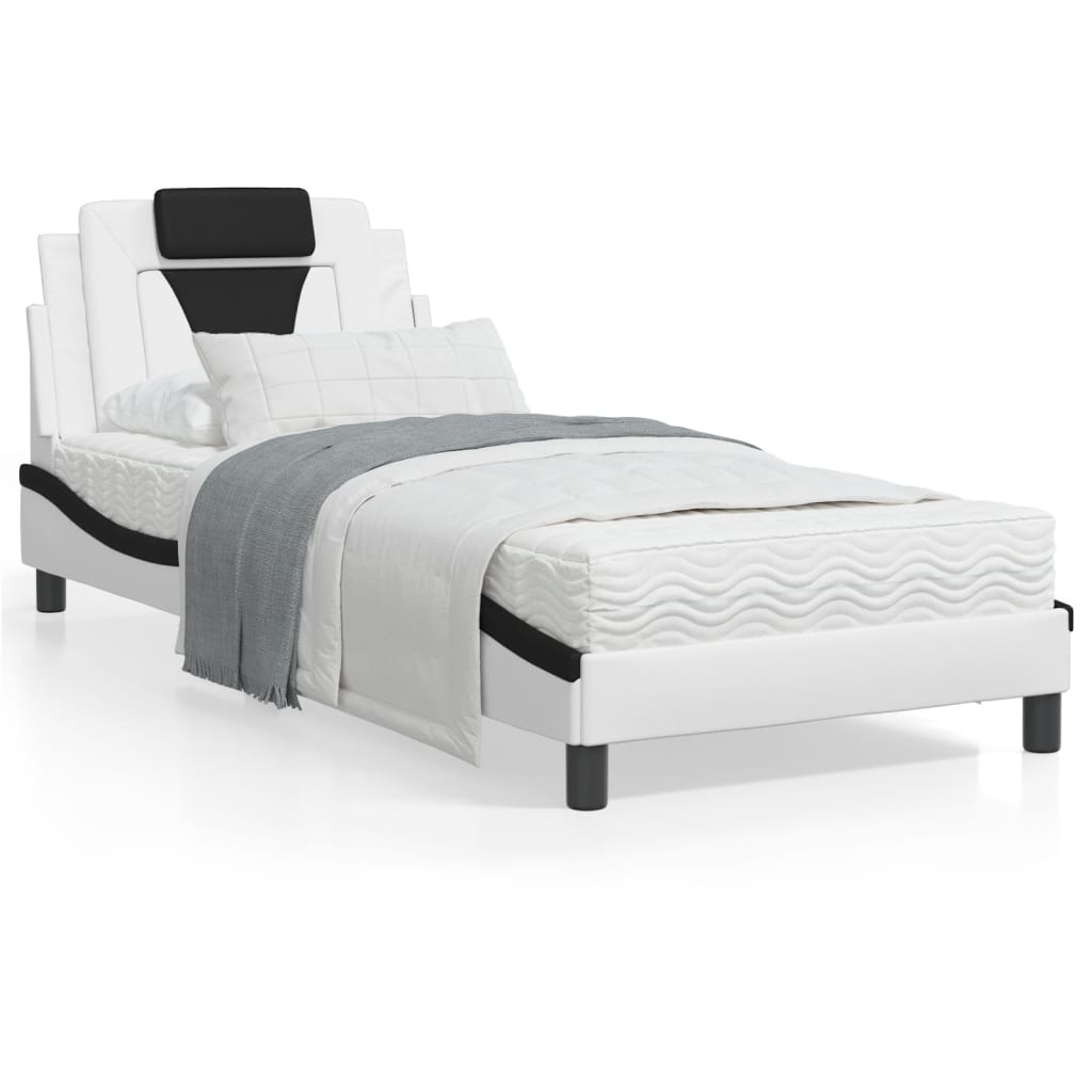 vidaXL Cadru de pat cu lumini LED alb/negru 90x200 cm piele ecologică