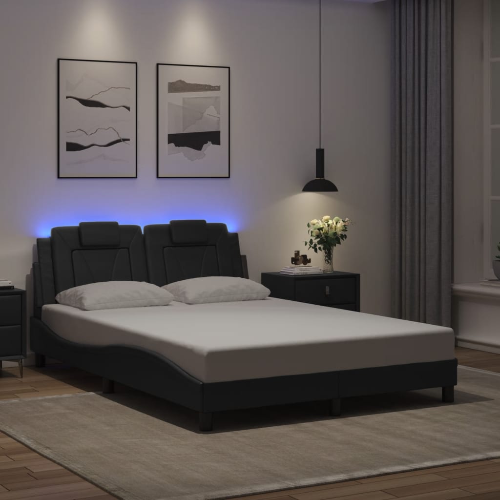 vidaXL Cadru de pat cu lumini LED, negru, 140x190 cm, piele ecologică