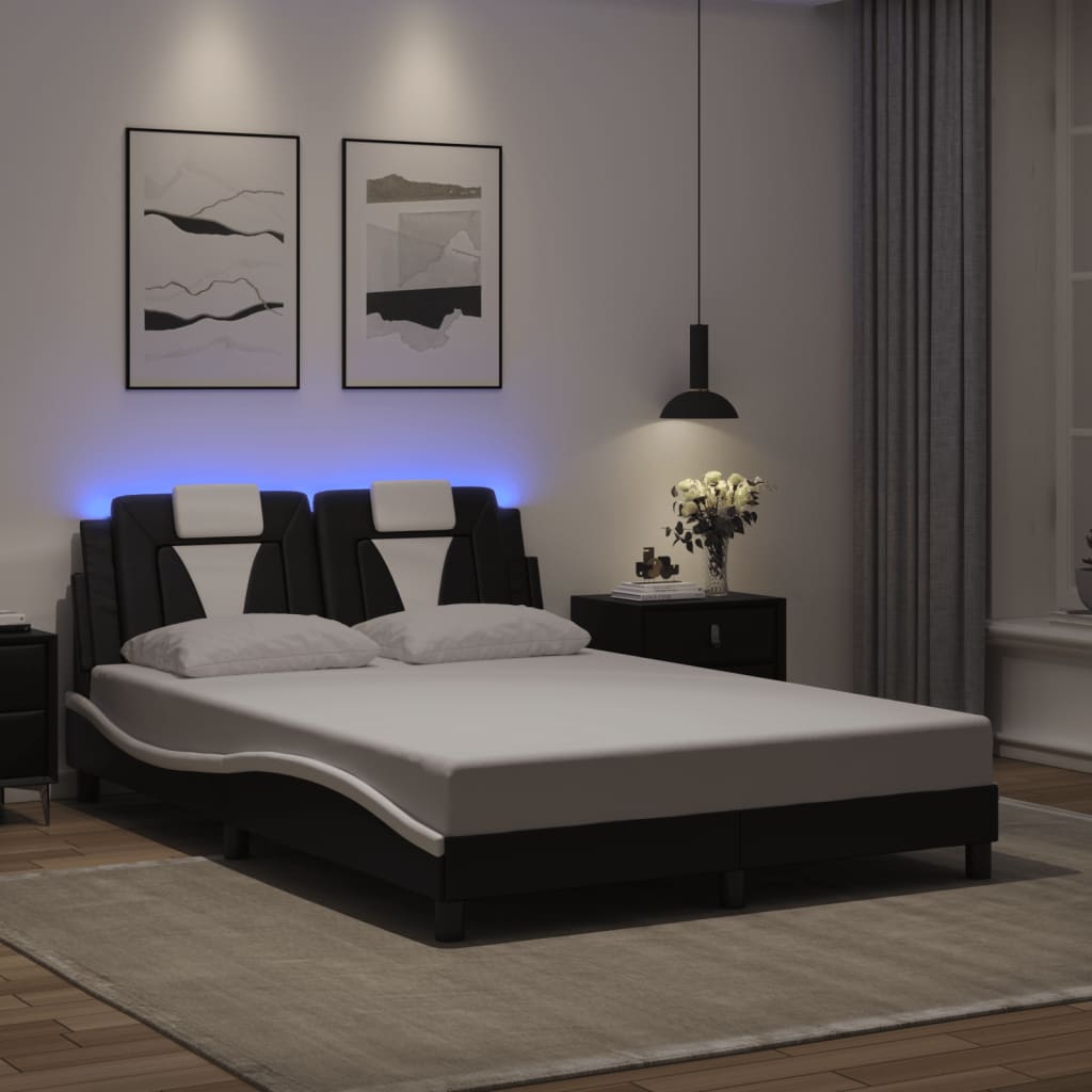 Sengeramme med LED-lys og gavlpude - bølget design, 140x190 cm, sort/hvid