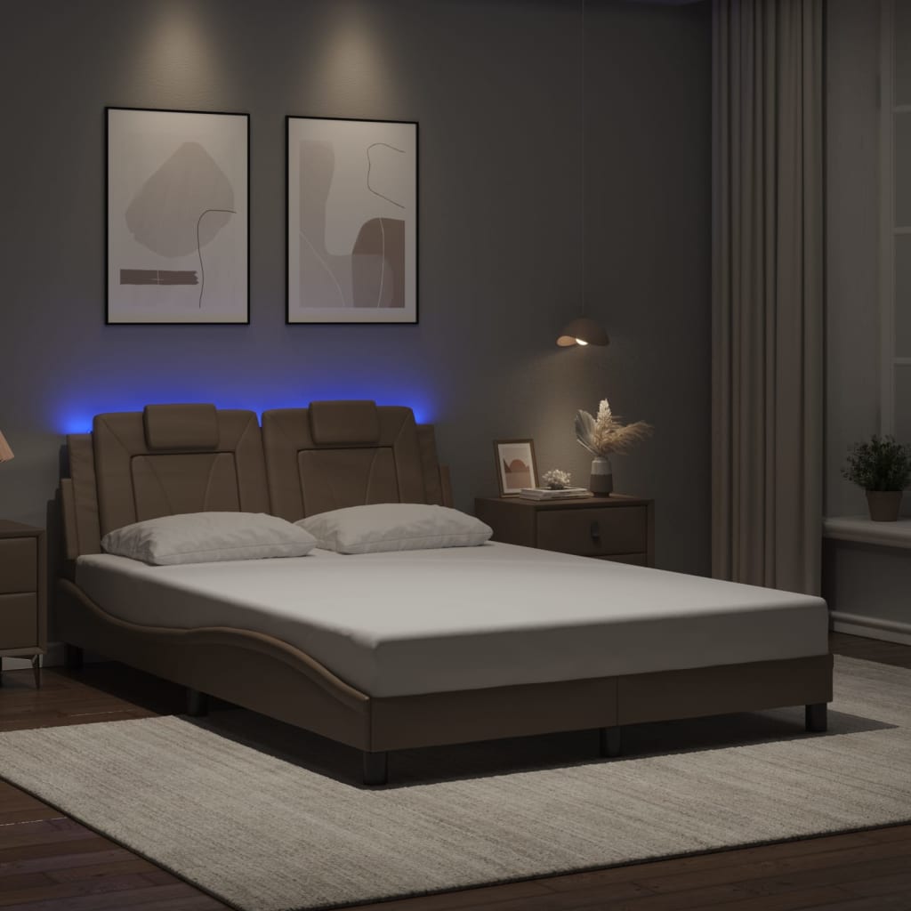 vidaXL Cadru de pat lumini LED, cappuccino, 140x200 cm piele ecologică