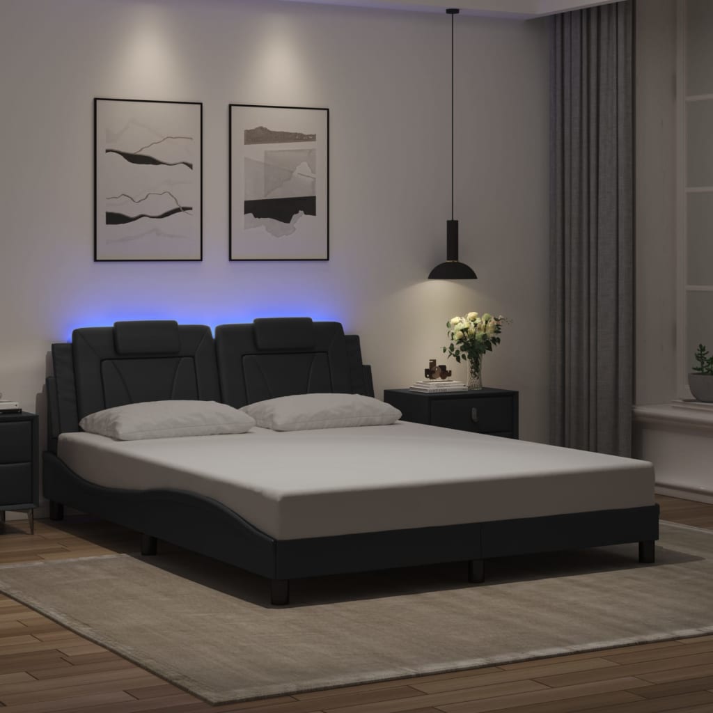 vidaXL Cadru de pat cu lumini LED, negru, 160x200 cm, piele ecologică