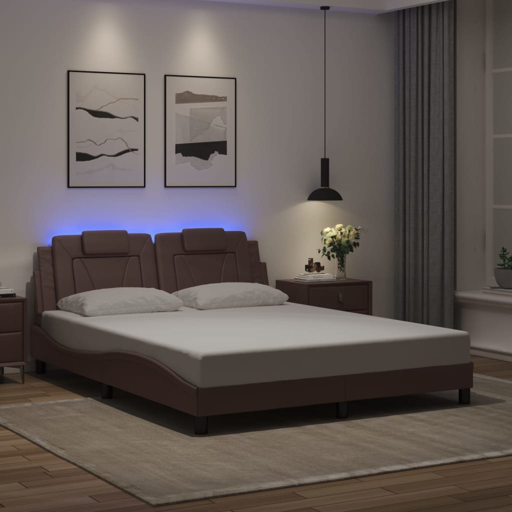 vidaXL Cadru de pat cu lumini LED, maro, 160x200 cm, piele ecologică