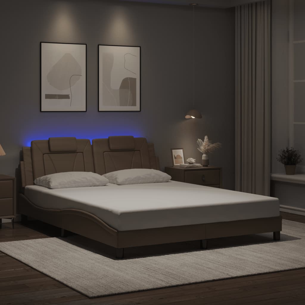 vidaXL Cadru pat cu lumini LED, cappuccino, 160x200 cm piele ecologică