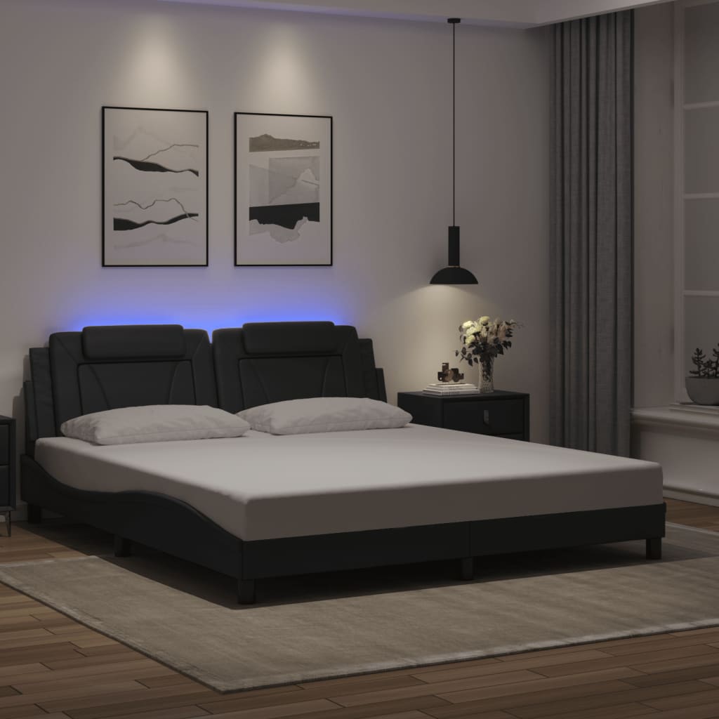 vidaXL Cadru de pat cu lumini LED, negru, 180x200 cm, piele ecologică