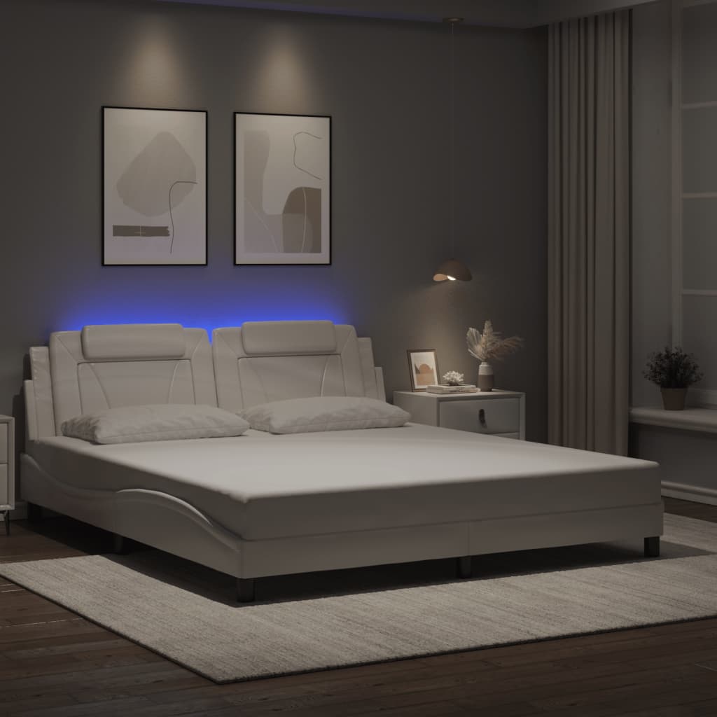 vidaXL Cadru de pat cu lumini LED, alb, 180x200 cm, piele ecologică