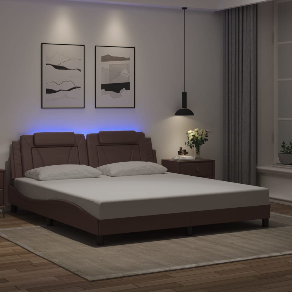 vidaXL Cadru de pat cu lumini LED, maro, 180x200 cm, piele ecologică