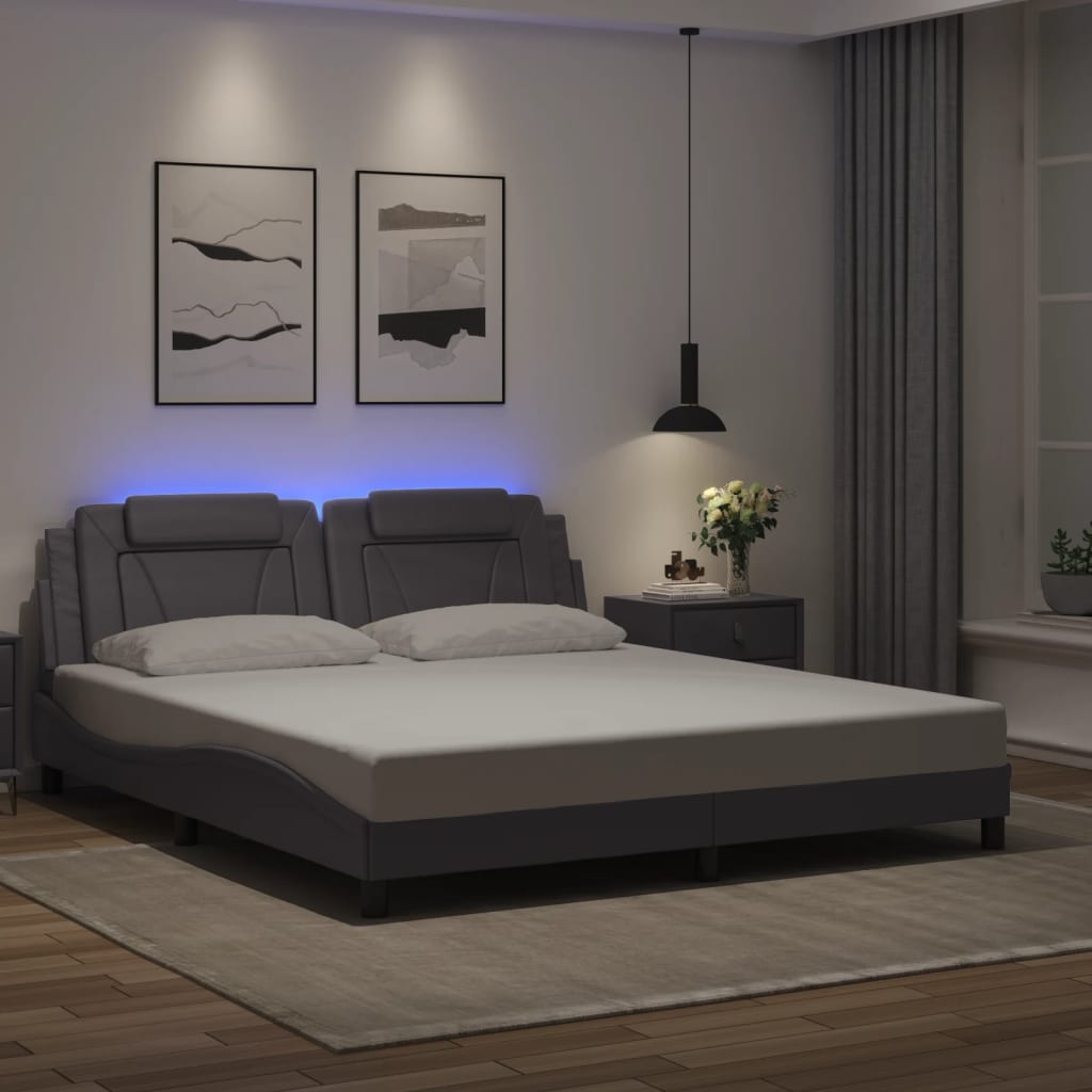 vidaXL Cadru de pat cu lumini LED, gri, 180x200 cm, piele ecologică