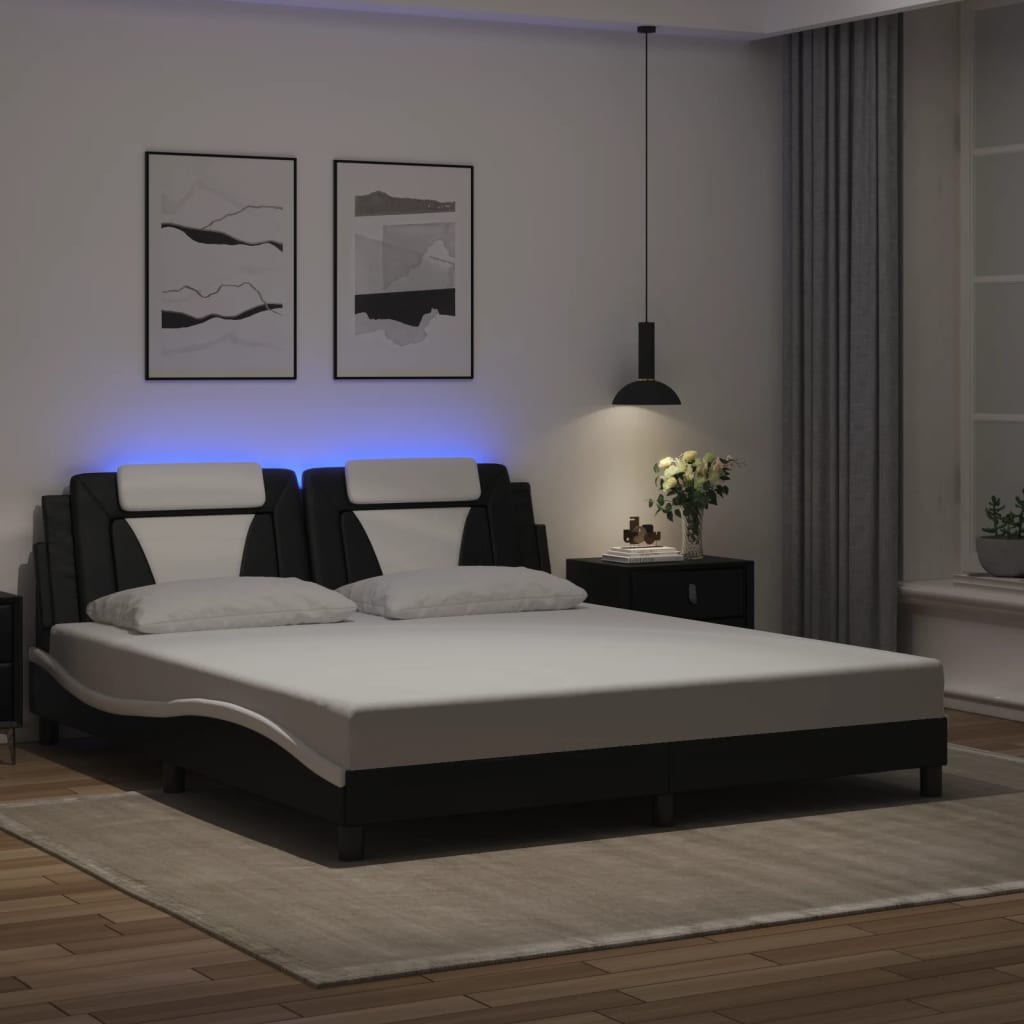 vidaXL Cadru de pat cu LED, negru și alb, 180x200 cm, piele ecologică