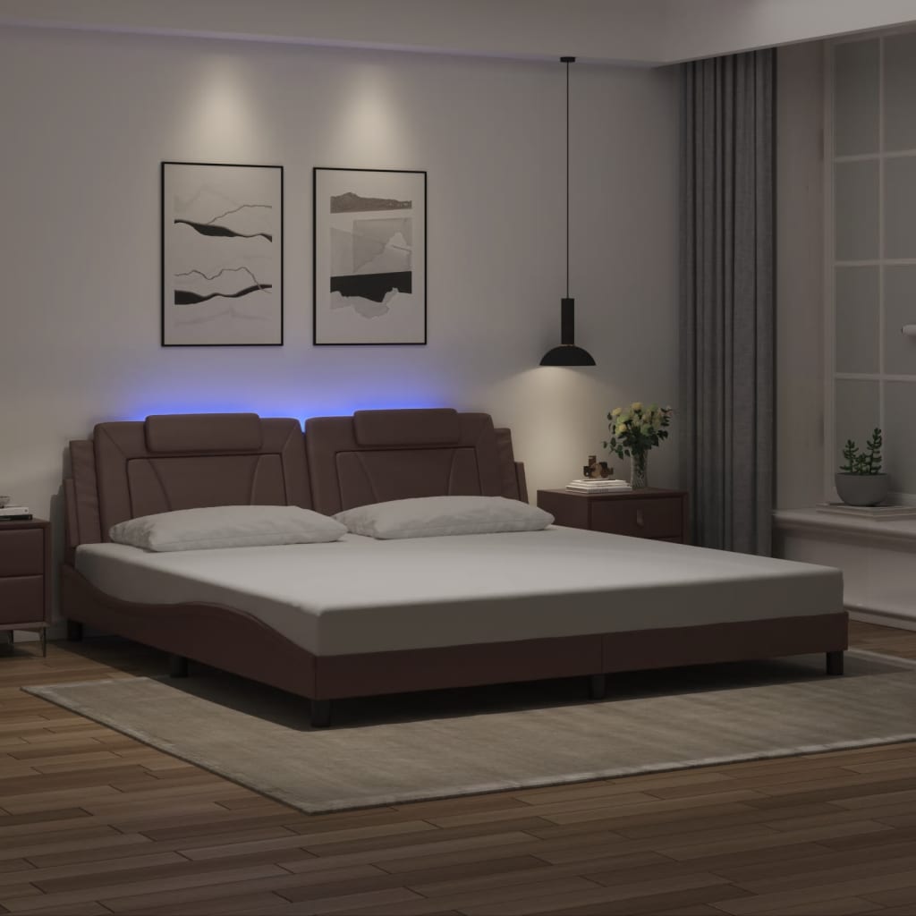 vidaXL Cadru de pat cu lumini LED, maro, 200x200 cm, piele ecologică