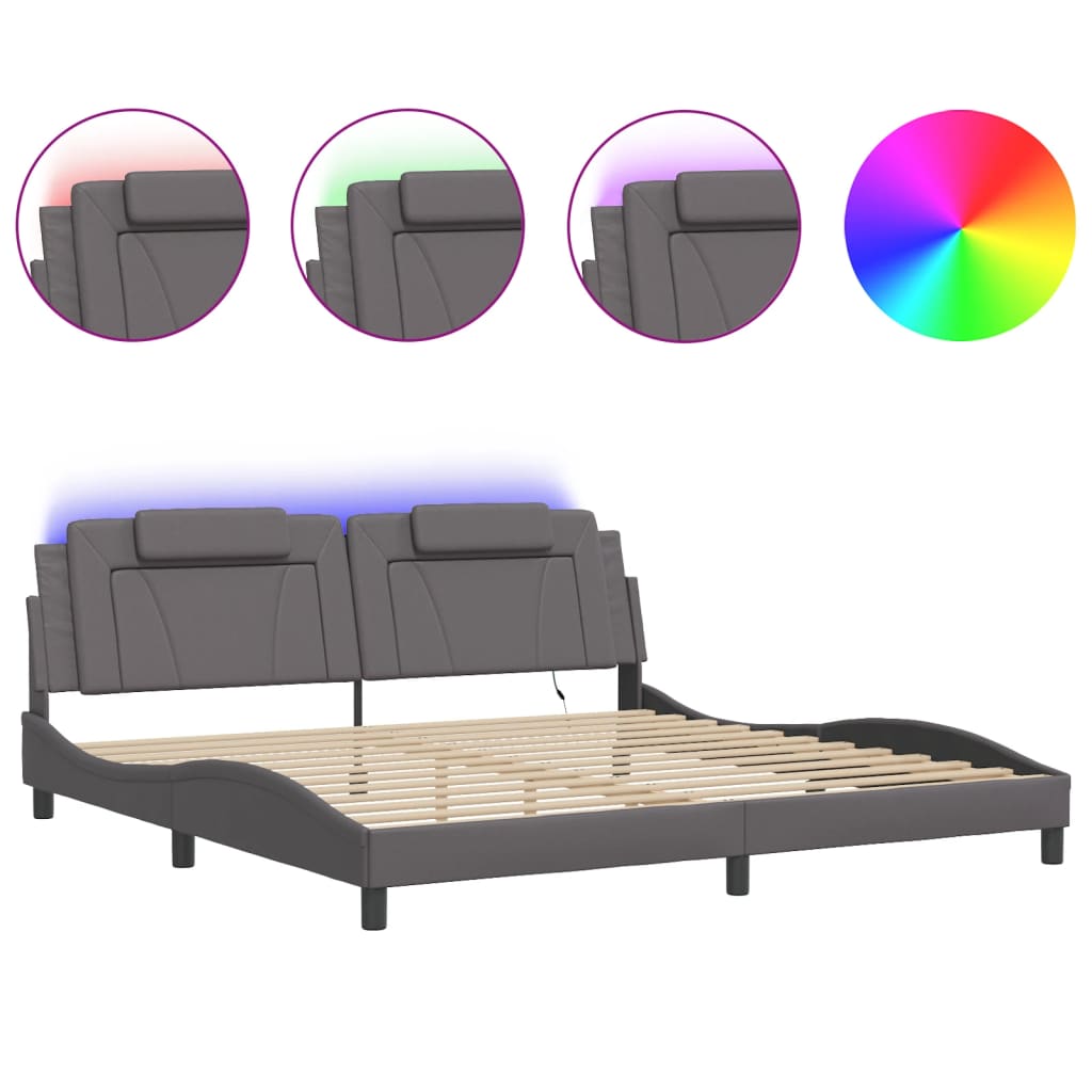 vidaXL Rám postele s LED osvětlením šedý 200 x 200 cm umělá kůže