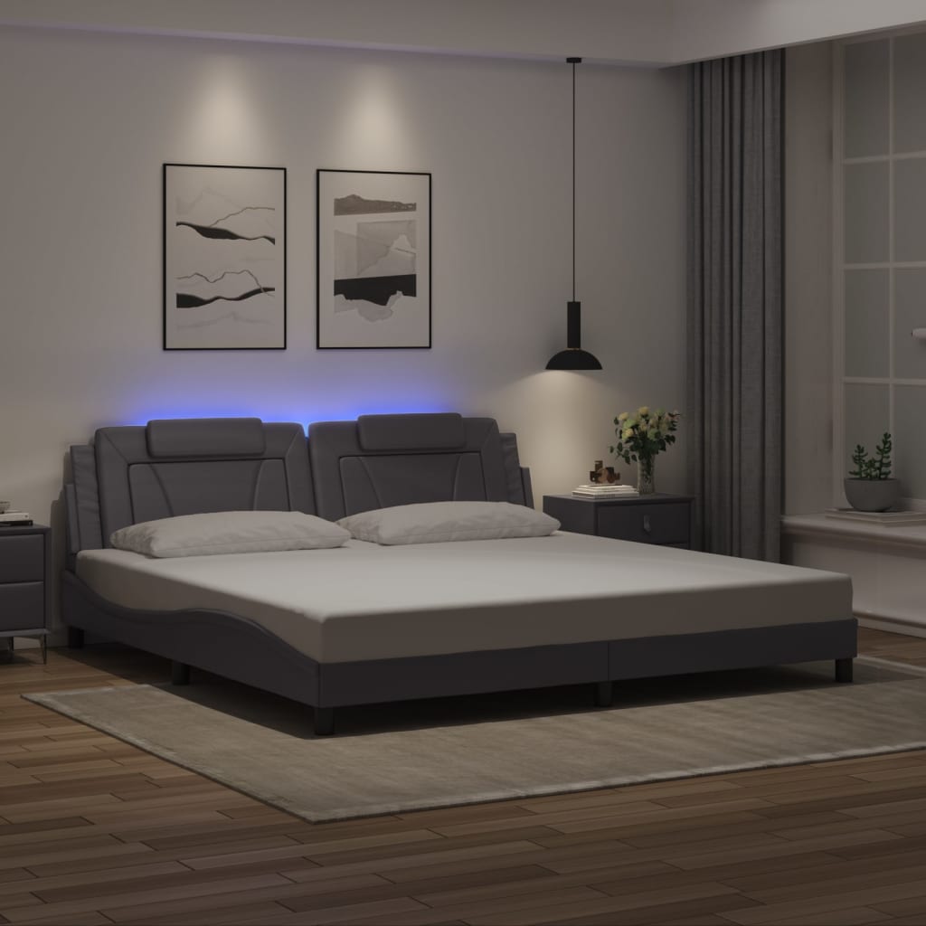 vidaXL Cadru de pat cu lumini LED, gri, 200x200 cm, piele ecologică