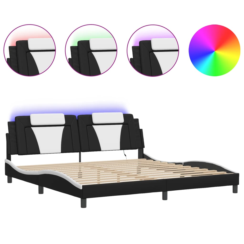 vidaXL Cadru de pat cu lumini LED negru/alb 200x200 cm piele ecologică