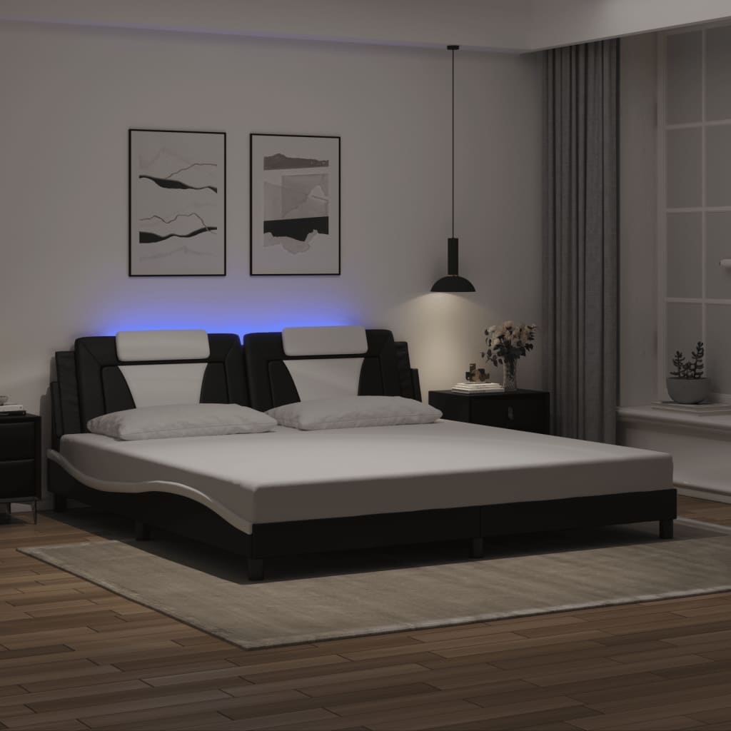 vidaXL Cadru de pat cu lumini LED negru/alb 200x200 cm piele ecologică