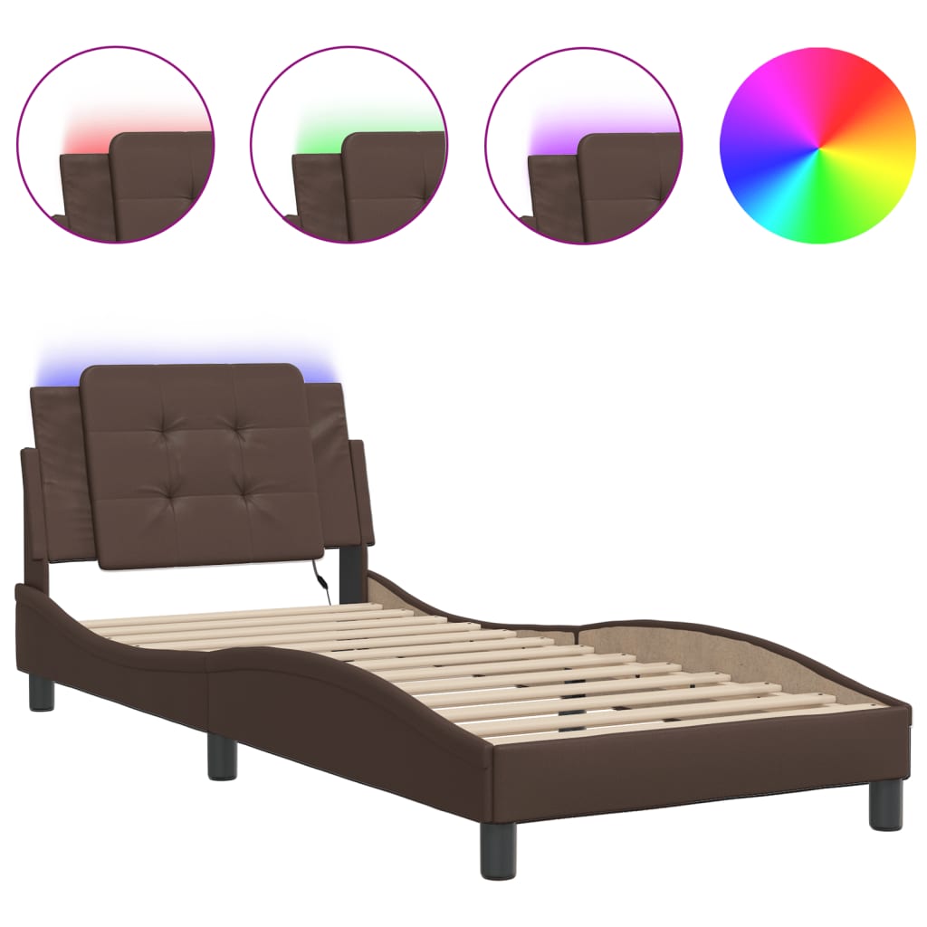 vidaXL Rám postele s LED osvětlením hnědý 90 x 190 cm umělá kůže