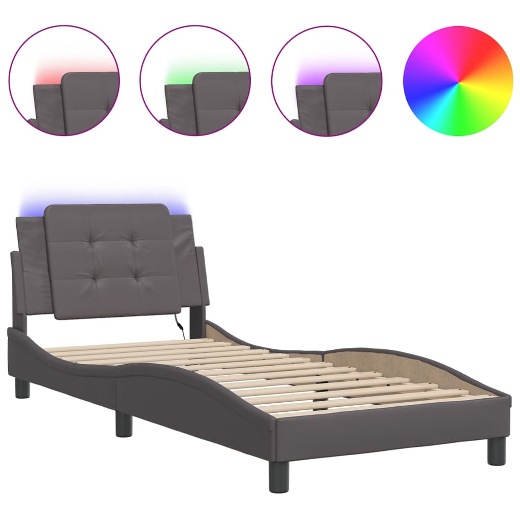 vidaXL Rám postele s LED osvětlením šedý 90 x 200 cm umělá kůže