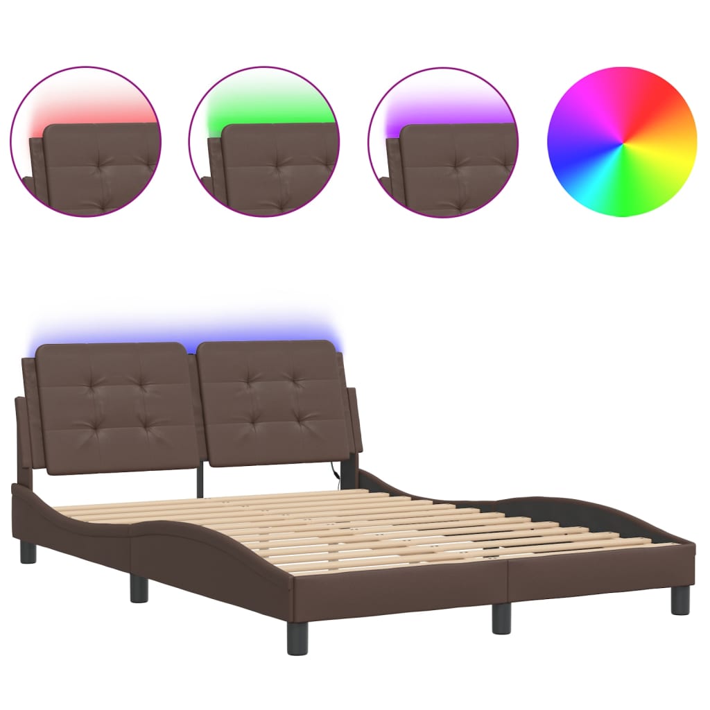 vidaXL Rám postele s LED osvětlením hnědý 140 x 190 cm umělá kůže