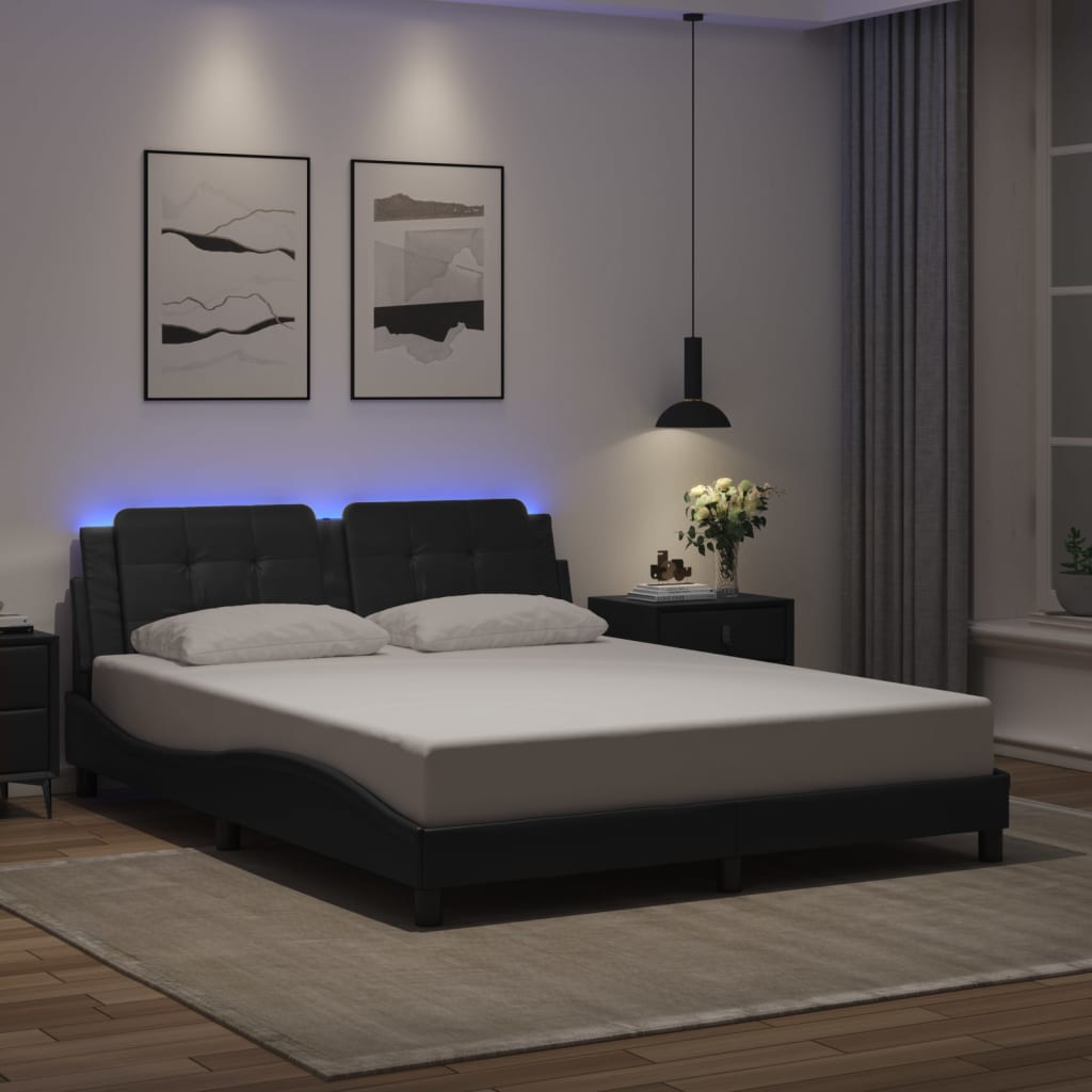 vidaXL Cadru de pat cu lumini LED, negru, 160x200 cm, piele ecologică